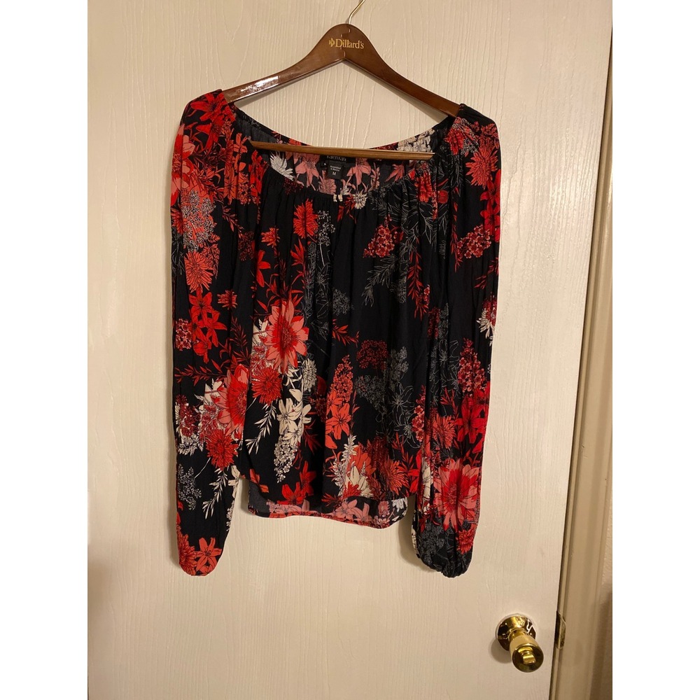 Karen Kane Floral Off Shoulder Blouse Red Black White Viscose Top M 0670